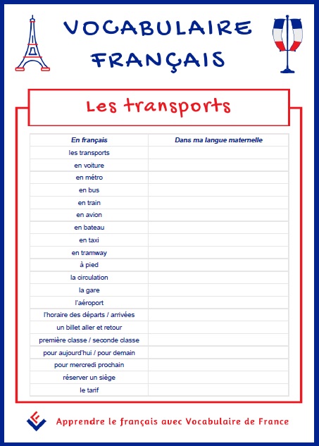 Fiche de vocabulaire pdf - Les transports en français - Vocabulaire De France